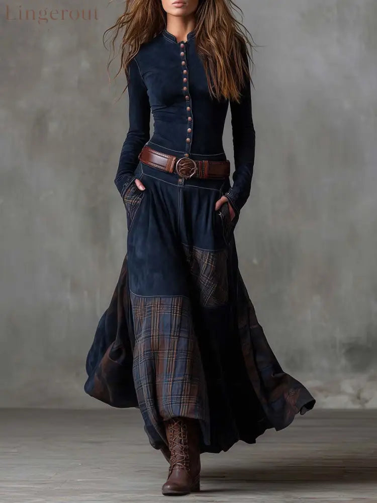 Vintage Patchwork Suede Maxi Dress With Plaid Panels - navy / XS