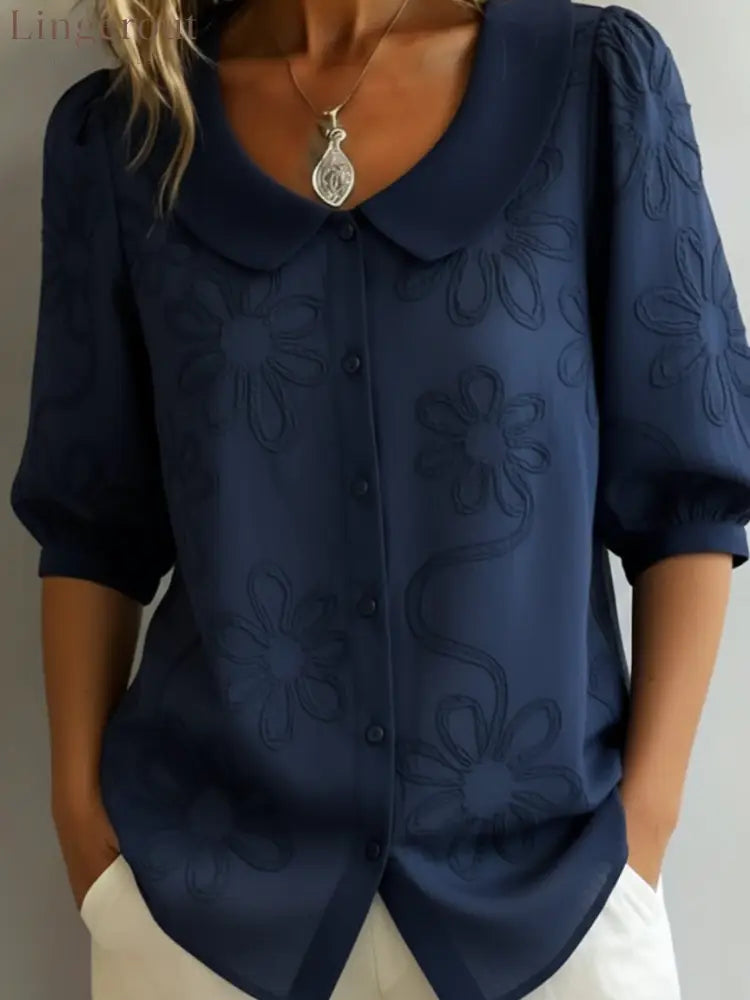 Vintage Peter Pan Collar Embroidered Floral Shirt - Navy Blue / S