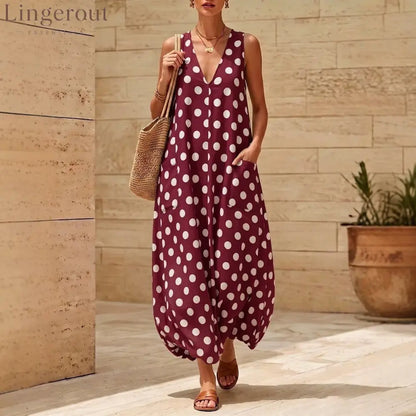 Vintage Polka Dot Sleeveless V-Neck Midi Dress with Side Pockets