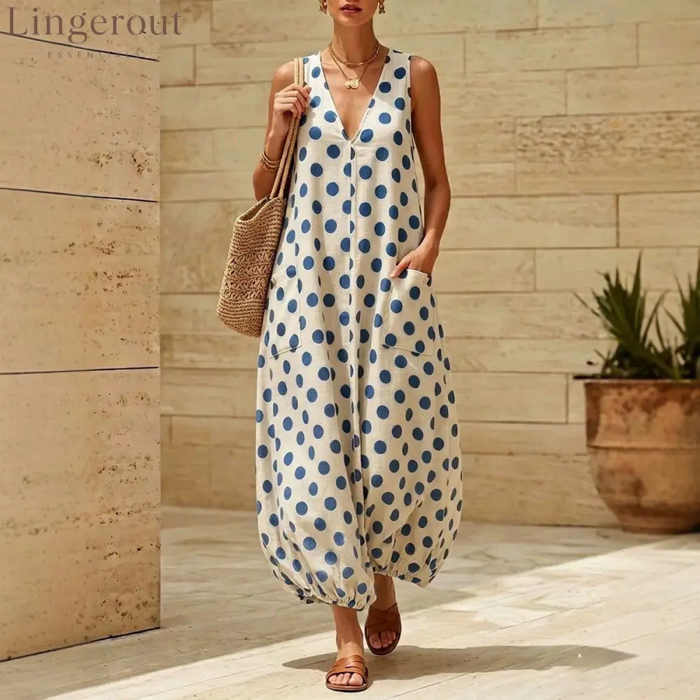 Vintage Polka Dot Sleeveless V-Neck Midi Dress with Side Pockets