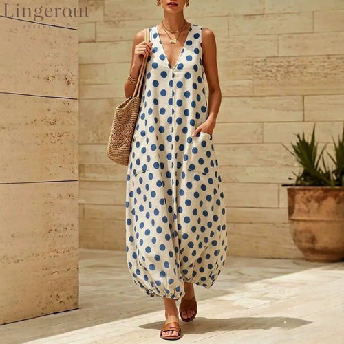Vintage Polka Dot Sleeveless V-Neck Midi Dress with Side Pockets