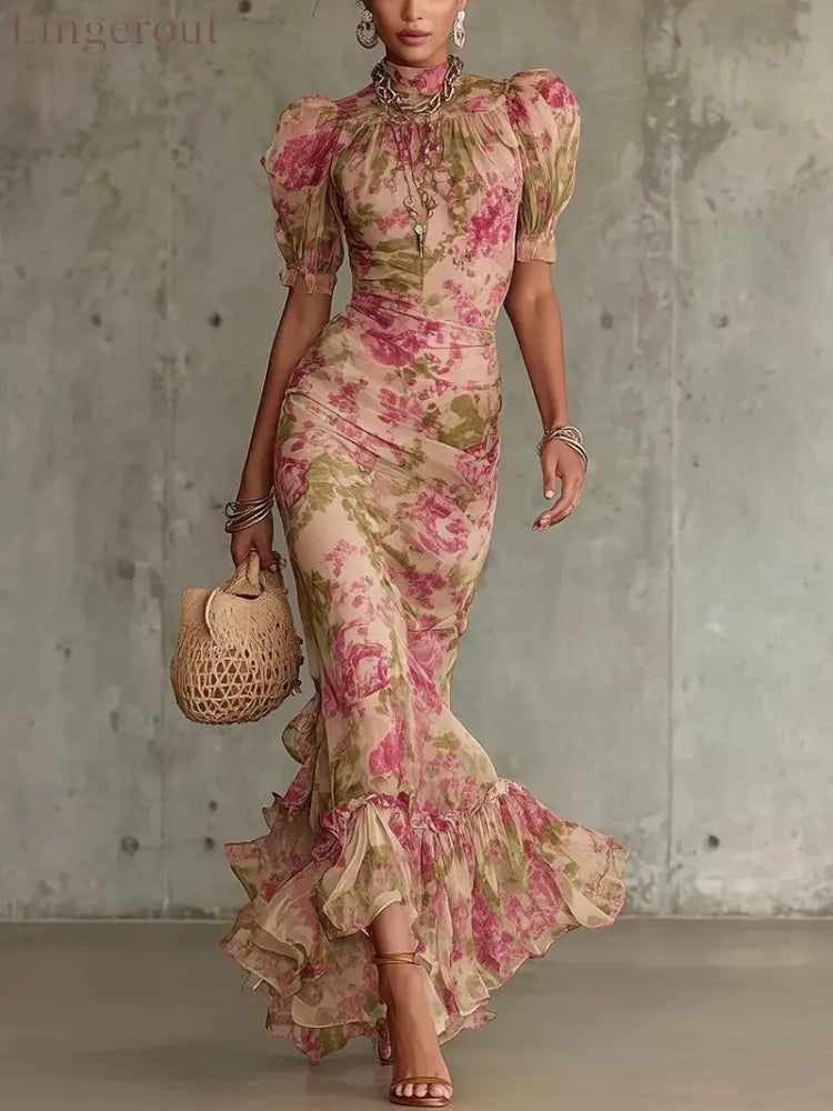 Vintage Rose Print Maxi Dress With Puff Sleeves（Accessories not included） - Pink / XS