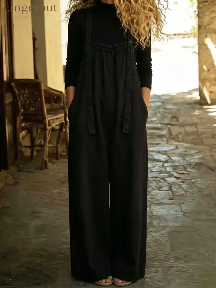 Vintage Washed Wide Leg Denim Overalls - Black / S