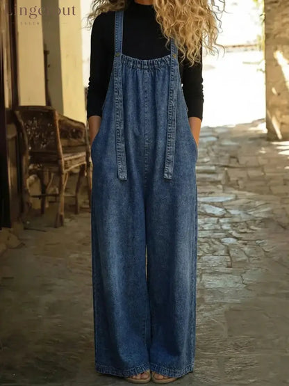 Vintage Washed Wide Leg Denim Overalls - Dark blue / S