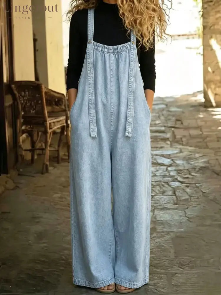 Vintage Washed Wide Leg Denim Overalls - Light blue / S
