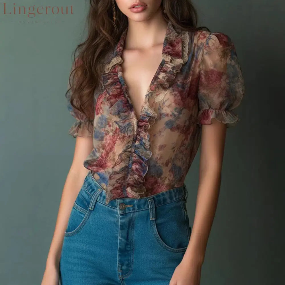 Vintage Watercolor Floral Sheer Ruffle Blouse