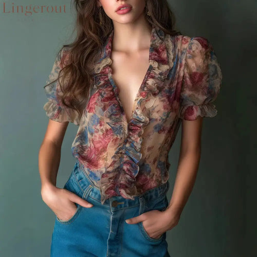 Vintage Watercolor Floral Sheer Ruffle Blouse - Color / S