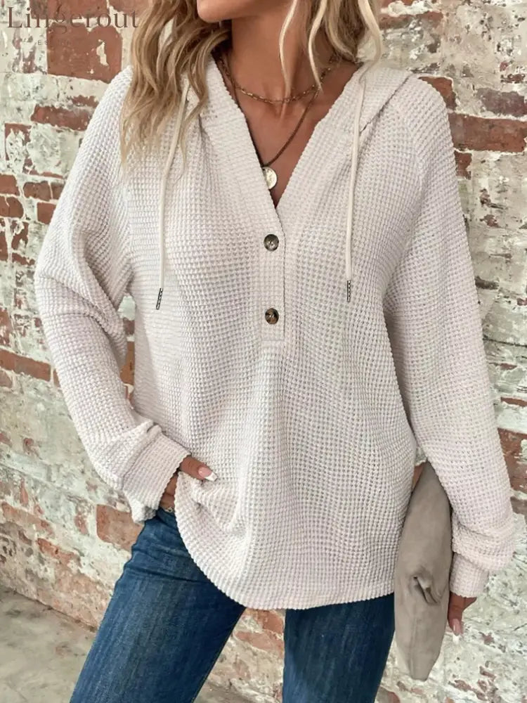 Waffle Knit Button Detail Hoodie