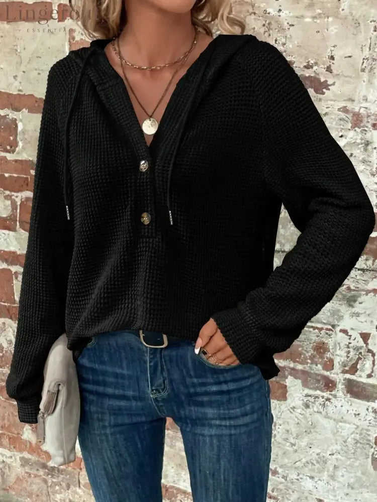 Waffle Knit Button Detail Hoodie