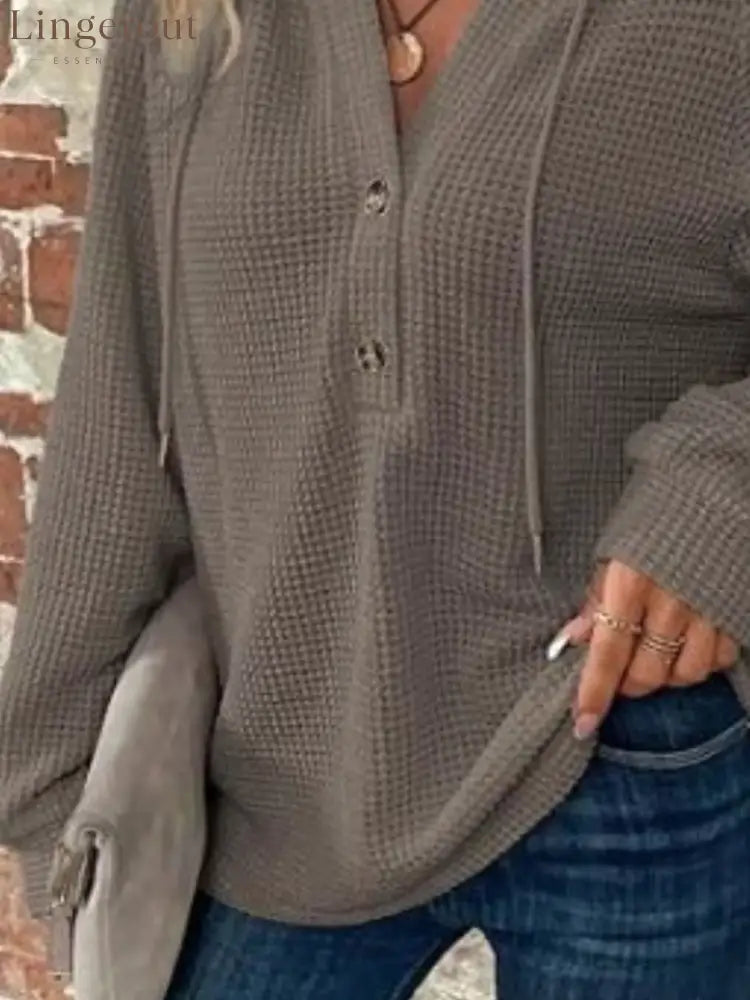 Waffle Knit Button Detail Hoodie