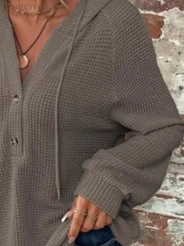 Waffle Knit Button Detail Hoodie