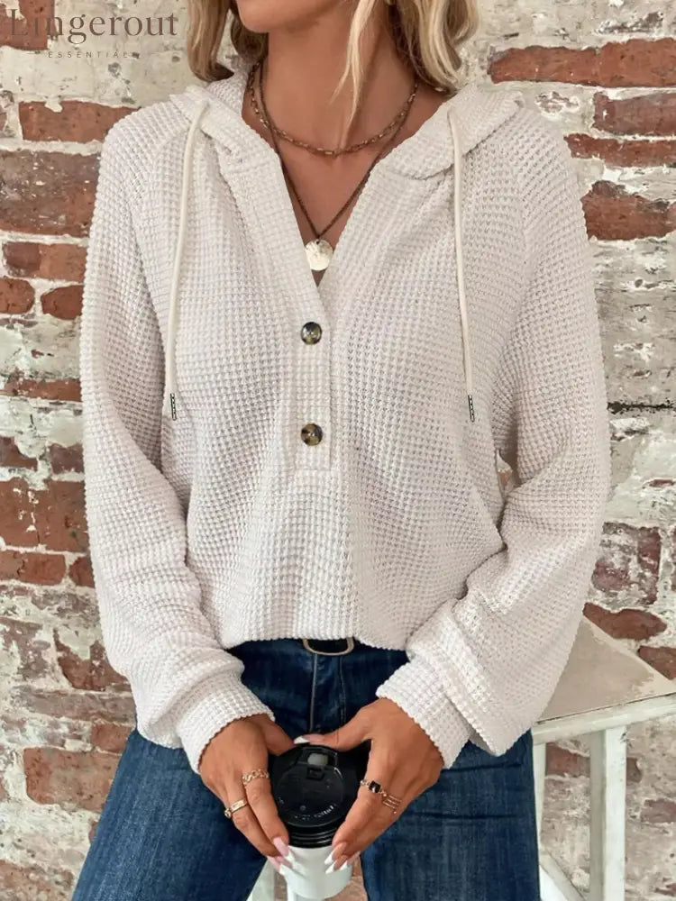 Waffle Knit Button Detail Hoodie