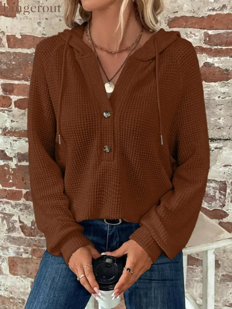 Waffle Knit Button Detail Hoodie