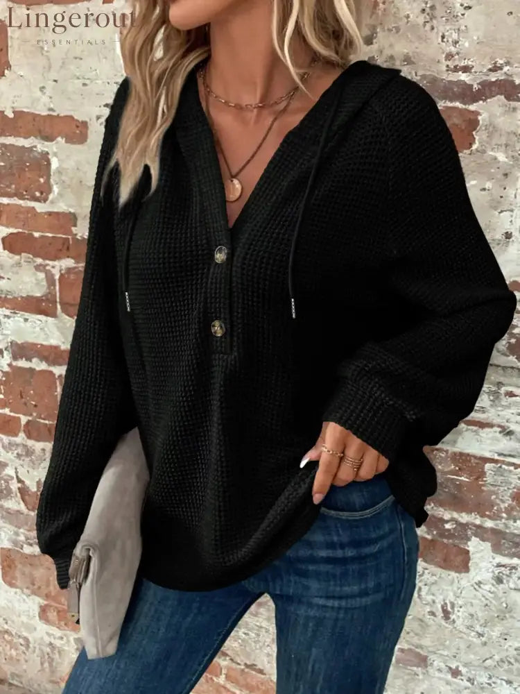 Waffle Knit Button Detail Hoodie