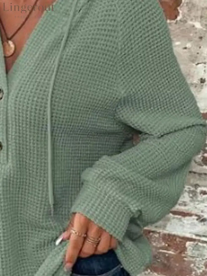 Waffle Knit Button Detail Hoodie