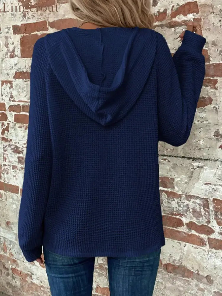 Waffle Knit Button Detail Hoodie