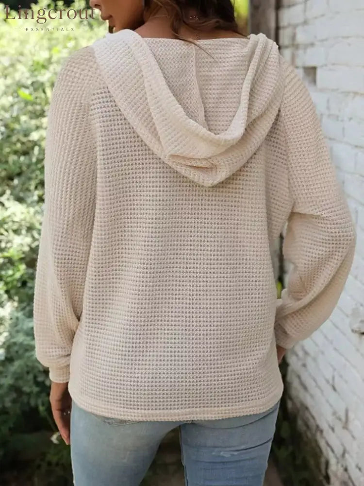 Waffle Knit Button Detail Hoodie