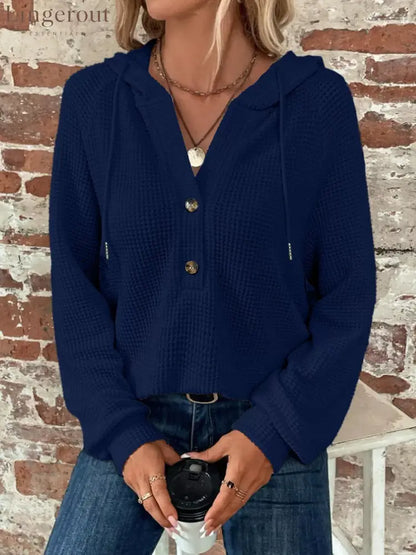Waffle Knit Button Detail Hoodie