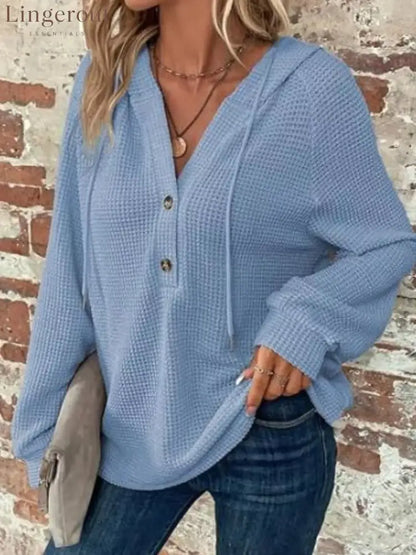 Waffle Knit Button Detail Hoodie