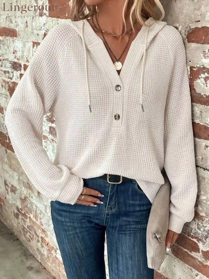 Waffle Knit Button Detail Hoodie