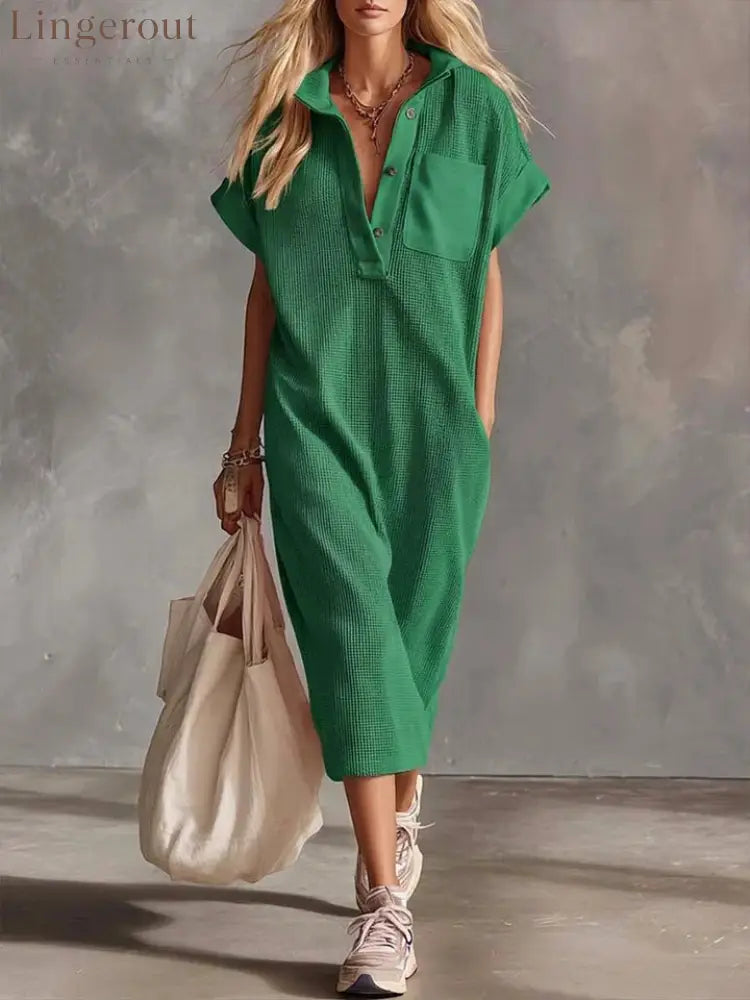 Waffle Knit Collared Midi Shirt Dress | Casual Loose Pocket Summer Dress - Green / S