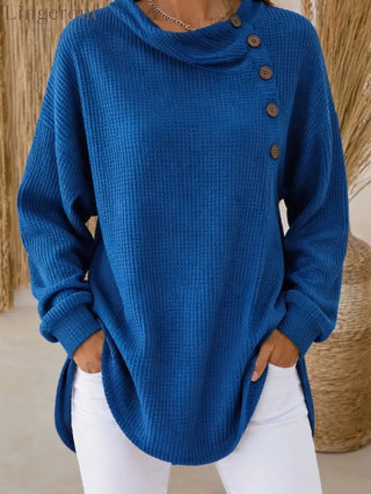 Waffle Knit Cowl Neck Top – Soft Textured Long Sleeve Tunic - Blue / S
