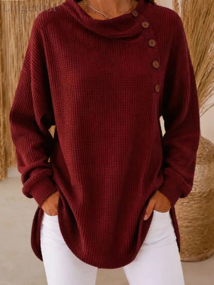 Waffle Knit Cowl Neck Top – Soft Textured Long Sleeve Tunic - Burgundy / S