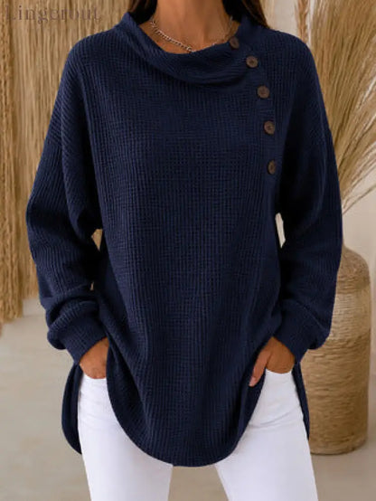 Waffle Knit Cowl Neck Top – Soft Textured Long Sleeve Tunic - Navy blue / S