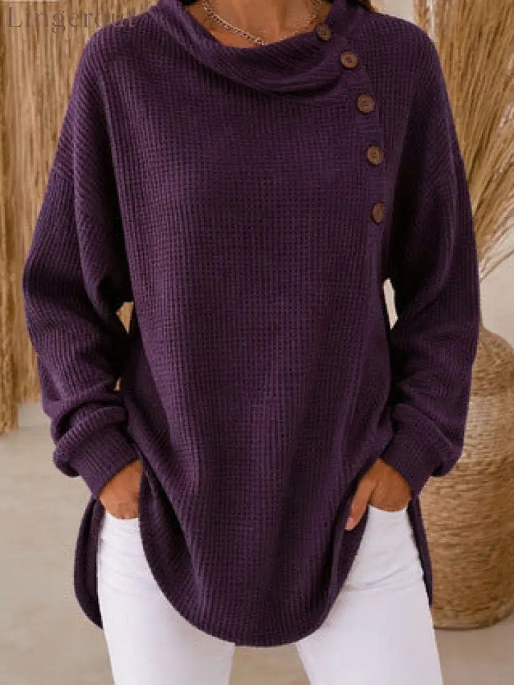 Waffle Knit Cowl Neck Top – Soft Textured Long Sleeve Tunic - Purple / S