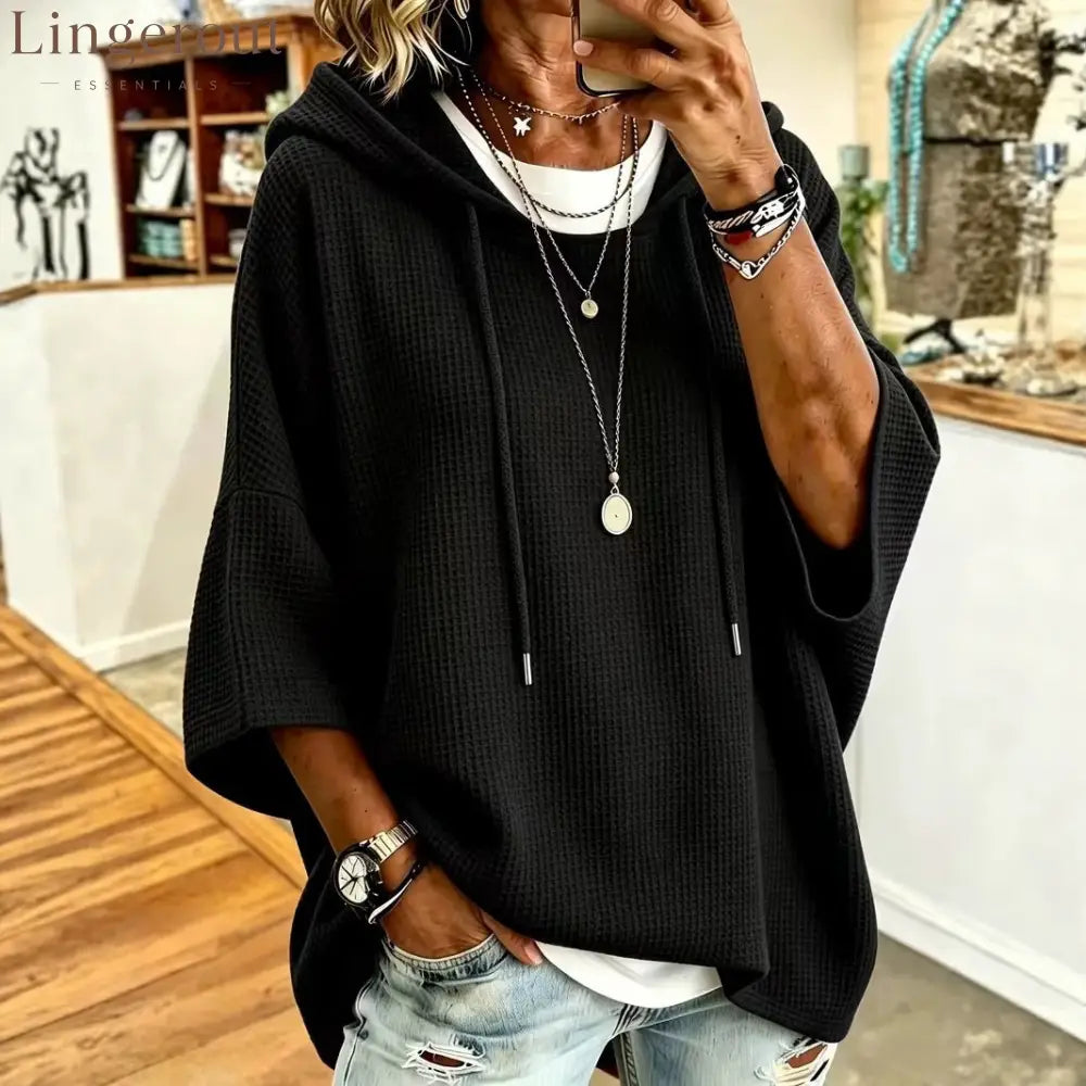 Waffle Knit Drawstring Hooded Batwing Half Sleeve Casual Top
