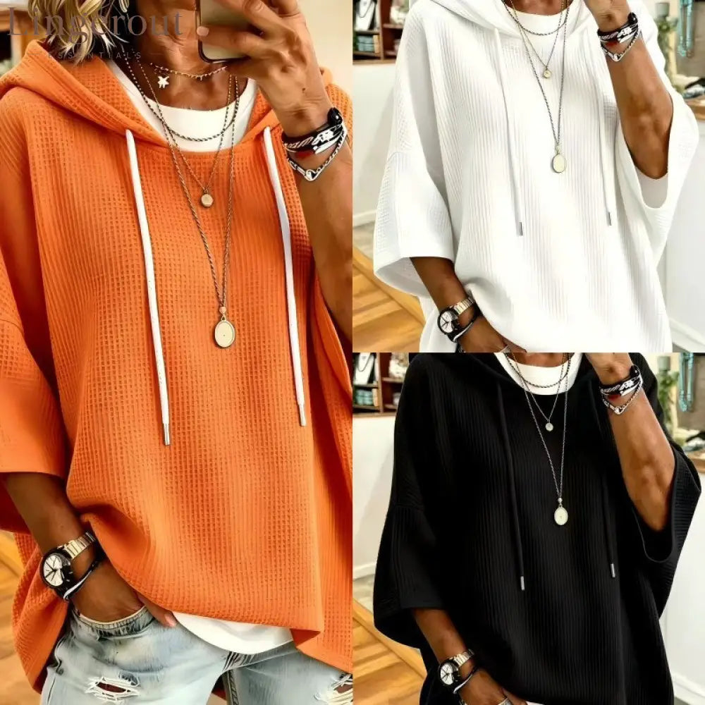 Waffle Knit Drawstring Hooded Batwing Half Sleeve Casual Top