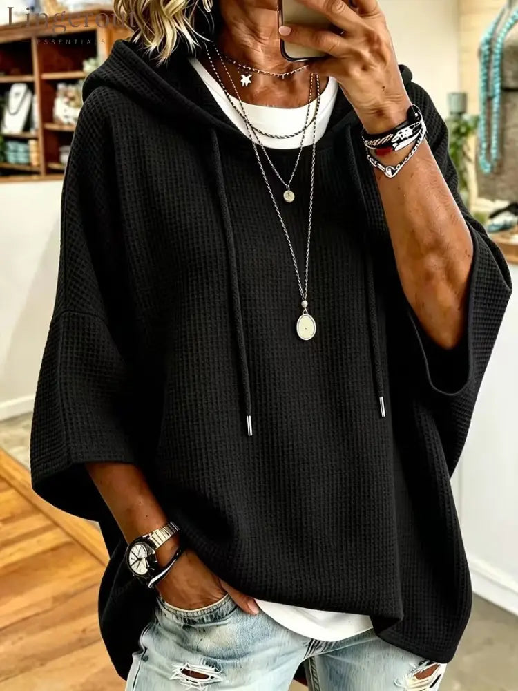 Waffle Knit Drawstring Hooded Batwing Half Sleeve Casual Top - Black / S