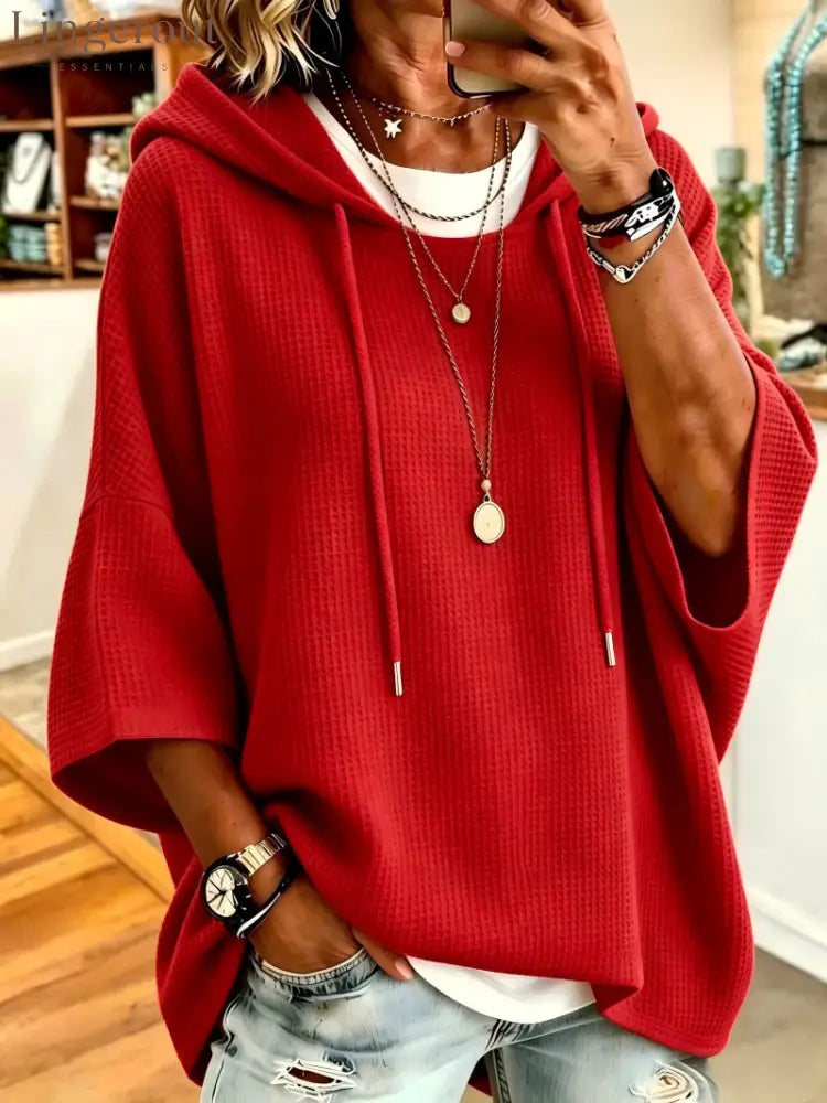 Waffle Knit Drawstring Hooded Batwing Half Sleeve Casual Top - Red / S