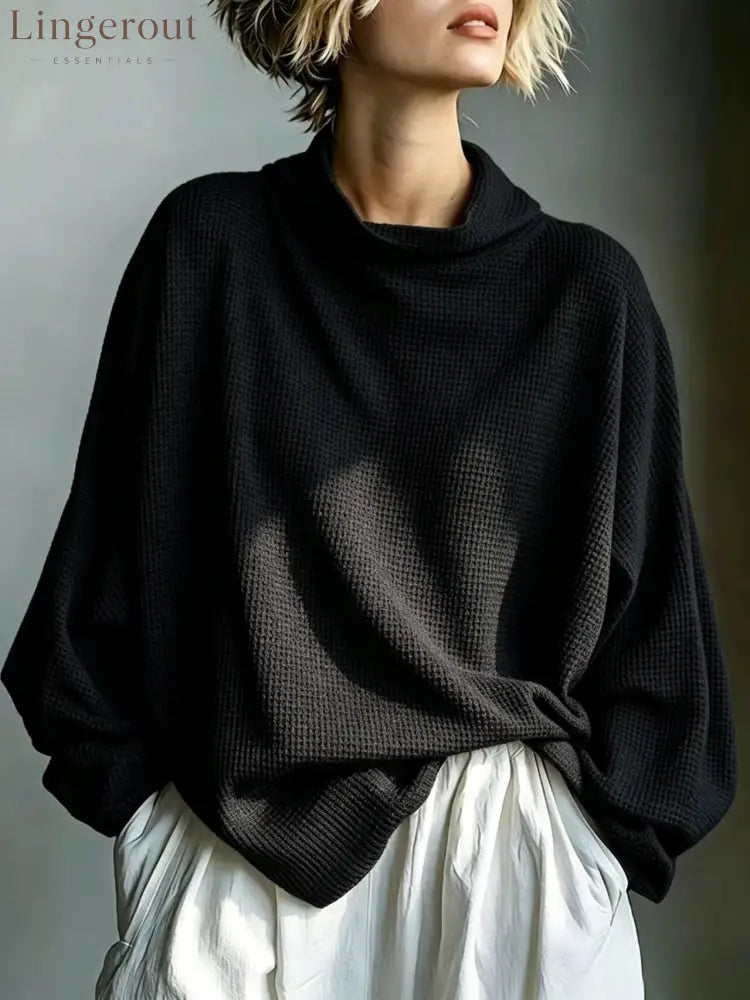 Waffle-Knit Oversized Cowl Neck Top - Black / S