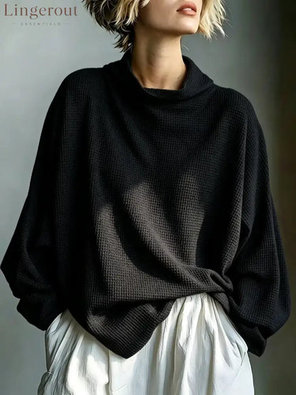 Waffle-Knit Oversized Cowl Neck Top - Black / S
