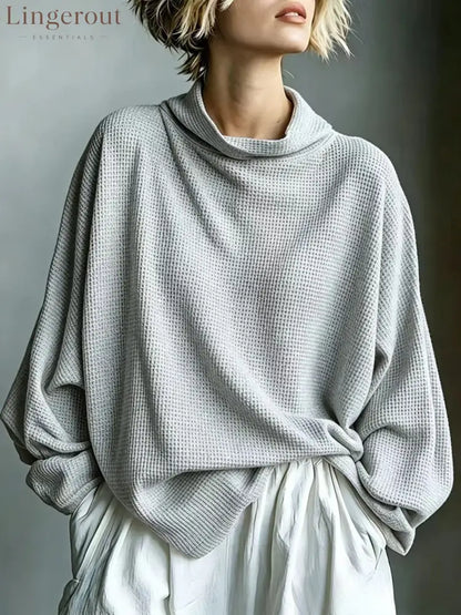 Waffle-Knit Oversized Cowl Neck Top - Grey / S