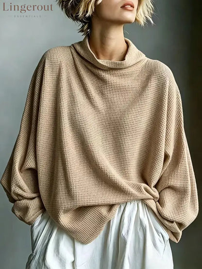 Waffle-Knit Oversized Cowl Neck Top - Khaki / S