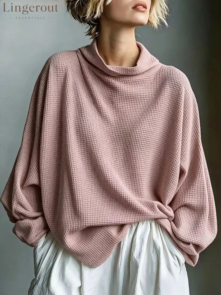 Waffle-Knit Oversized Cowl Neck Top - Pink / S