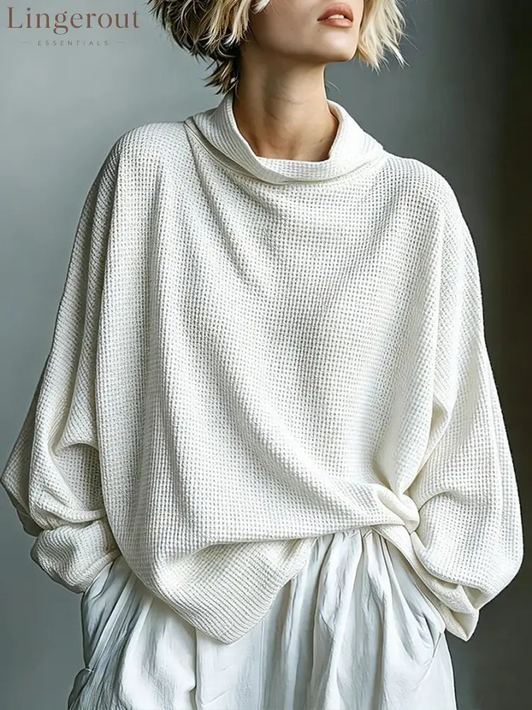 Waffle-Knit Oversized Cowl Neck Top - White / S