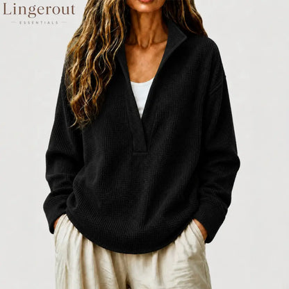 Waffle Textured Half Zip Stand Collar Long Sleeve Top