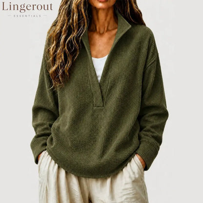 Waffle Textured Half Zip Stand Collar Long Sleeve Top