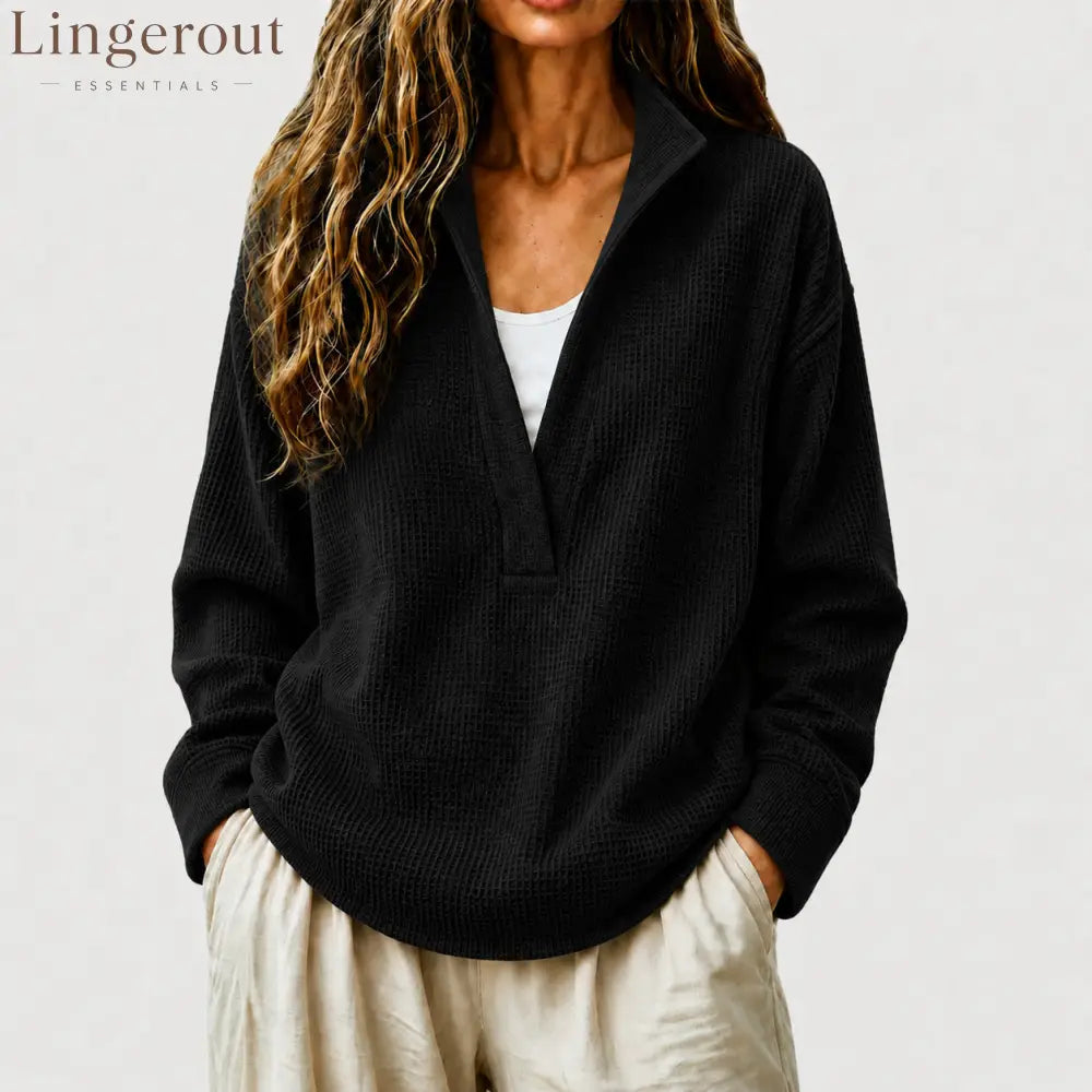 Waffle Textured Half Zip Stand Collar Long Sleeve Top - Black / S