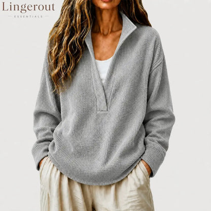Waffle Textured Half Zip Stand Collar Long Sleeve Top - Grey / S