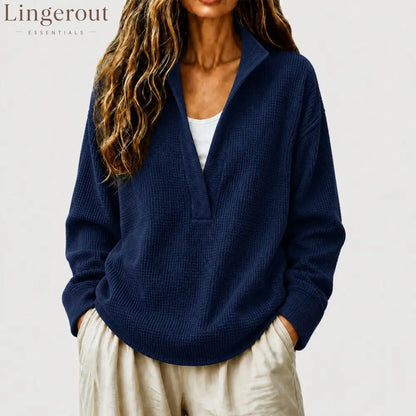Waffle Textured Half Zip Stand Collar Long Sleeve Top - Navy blue / S
