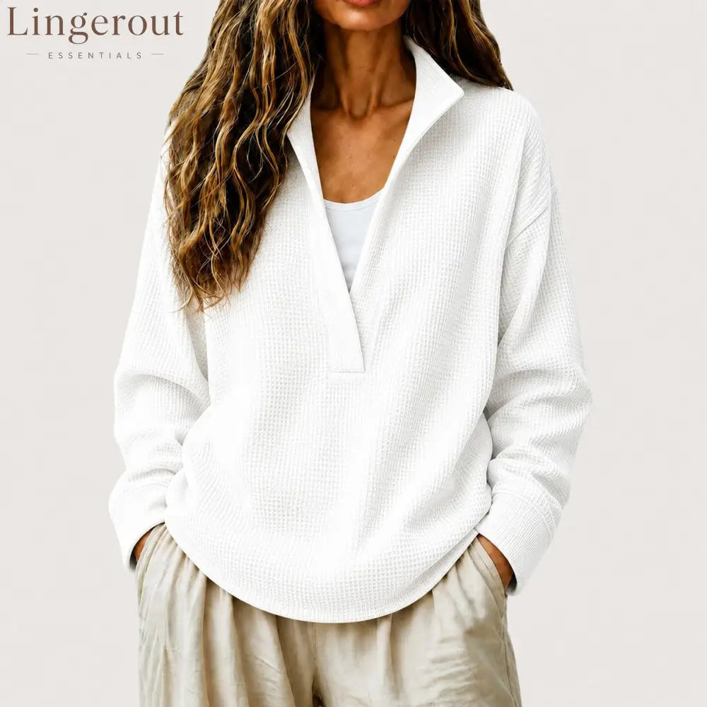 Waffle Textured Half Zip Stand Collar Long Sleeve Top - White / S