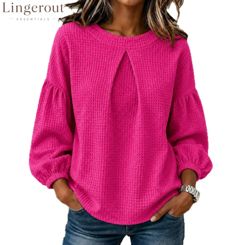 Waffle Textured Pleated Neck Balloon Long Sleeve Blouse