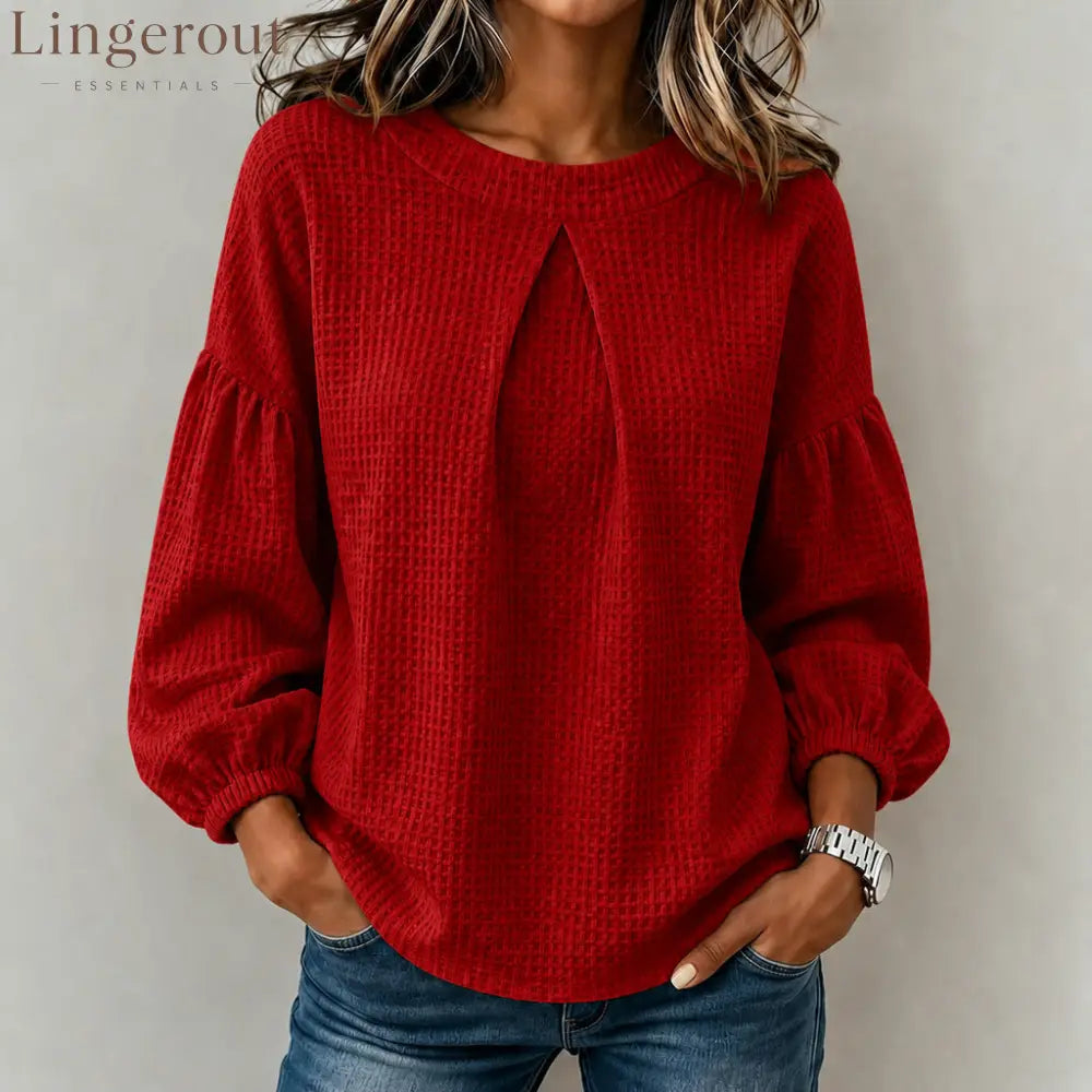 Waffle Textured Pleated Neck Balloon Long Sleeve Blouse - Claret / S