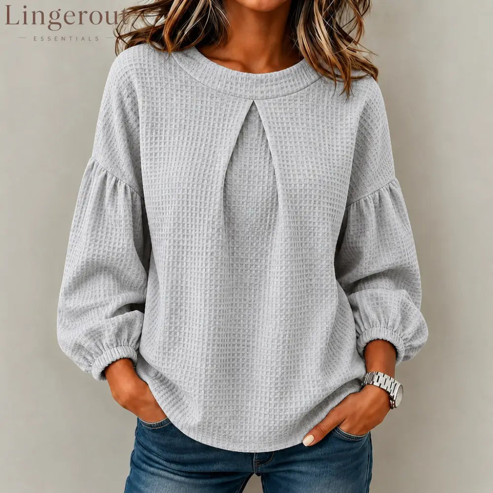 Waffle Textured Pleated Neck Balloon Long Sleeve Blouse - Grey / S
