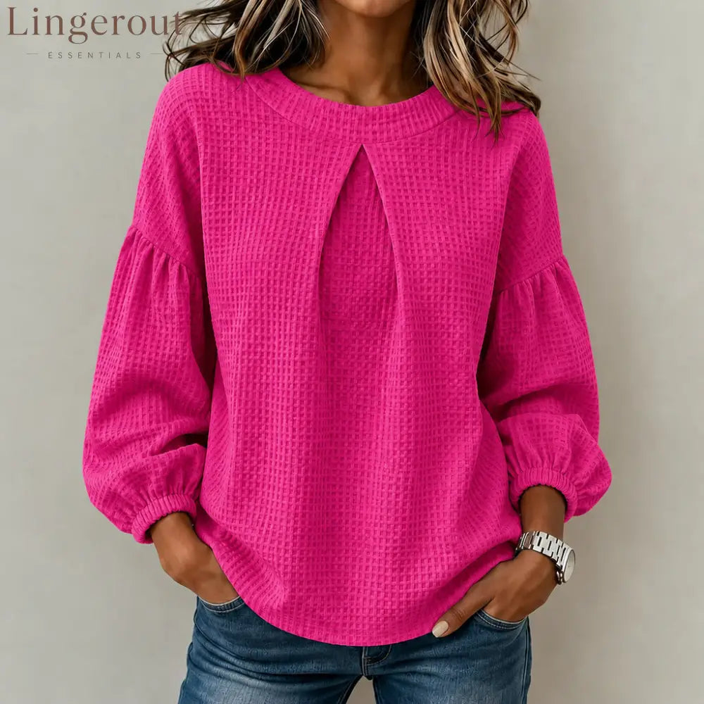 Waffle Textured Pleated Neck Balloon Long Sleeve Blouse - Rose red / S