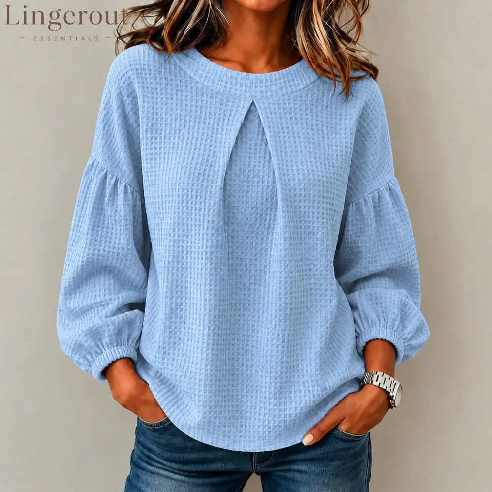 Waffle Textured Pleated Neck Balloon Long Sleeve Blouse - Sky blue / S
